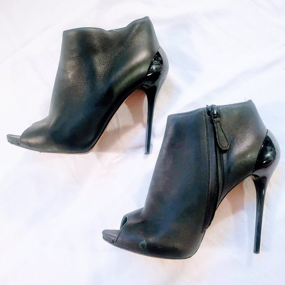 Alexander McQueen Black Leather Ankle Stiletto Booties Platform Peep Toe Heels - Picture 4 of 15